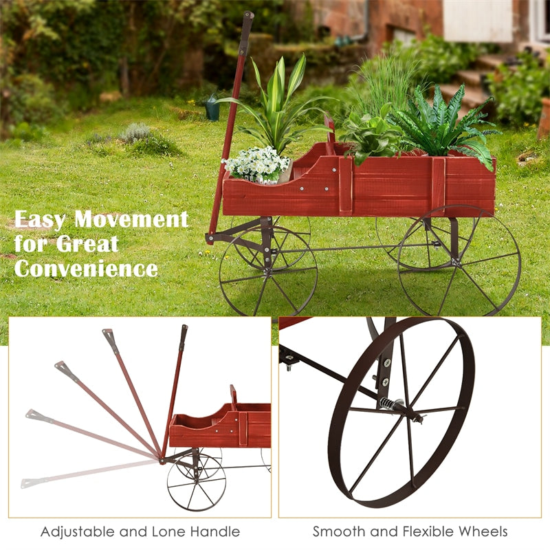 Wooden Wagon Flower Planter Decorative Garden Planter Wagon with Metal Wheels for Backyard