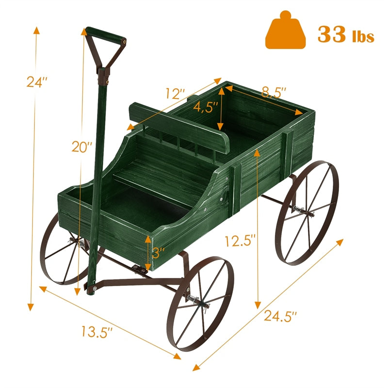 Wooden Wagon Flower Planter Decorative Garden Planter Wagon with Metal Wheels for Backyard