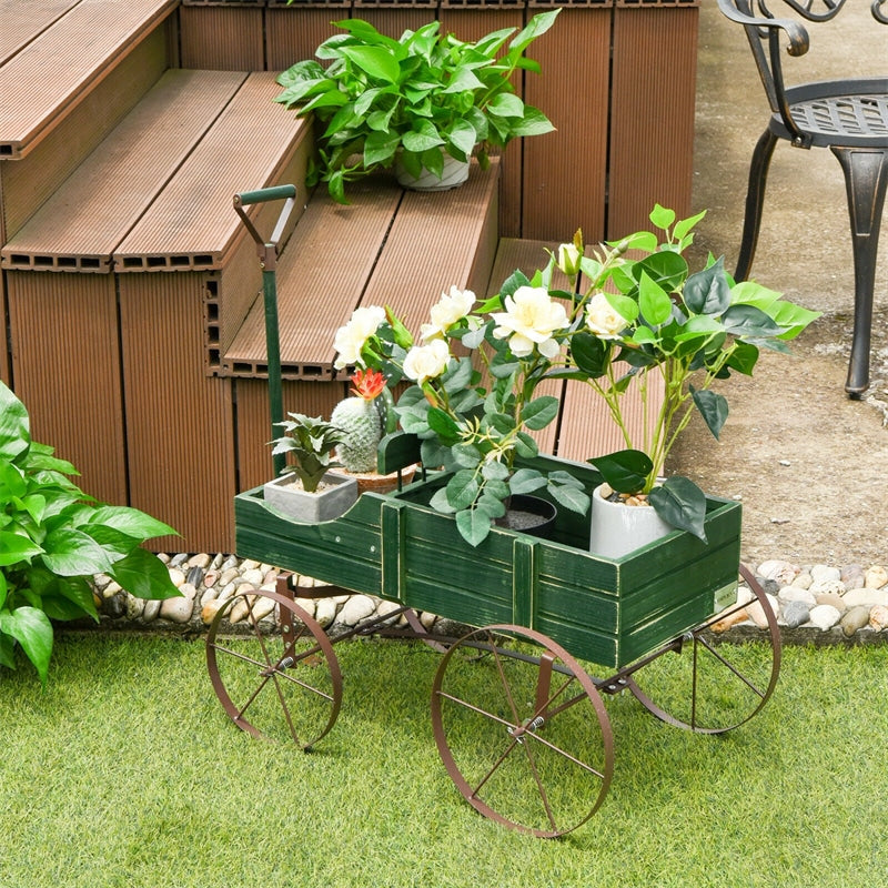 Wooden Wagon Flower Planter Decorative Garden Planter Wagon with Metal Wheels for Backyard