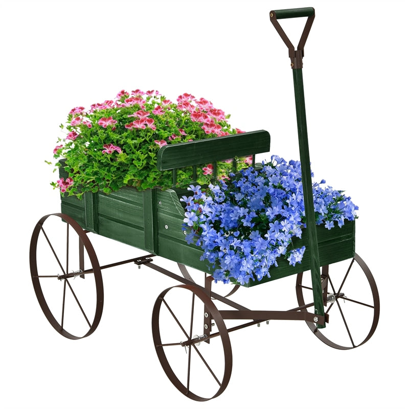 Wooden Wagon Flower Planter Decorative Garden Planter Wagon with Metal Wheels for Backyard