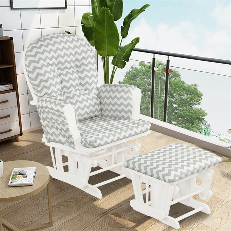 Wood Nursery Glider Chair & Ottoman Set Upholstered Glider Rocker with Padded Cushion, Storage Pocket, Modern Rocking Chair for Nursery