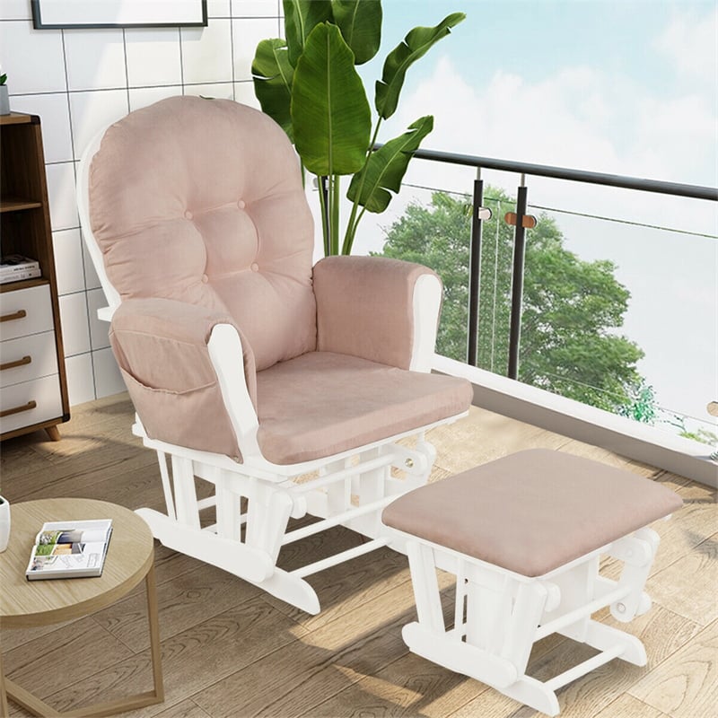 Wood Nursery Glider Chair & Ottoman Set Upholstered Glider Rocker with Padded Cushion, Storage Pocket, Modern Rocking Chair for Nursery