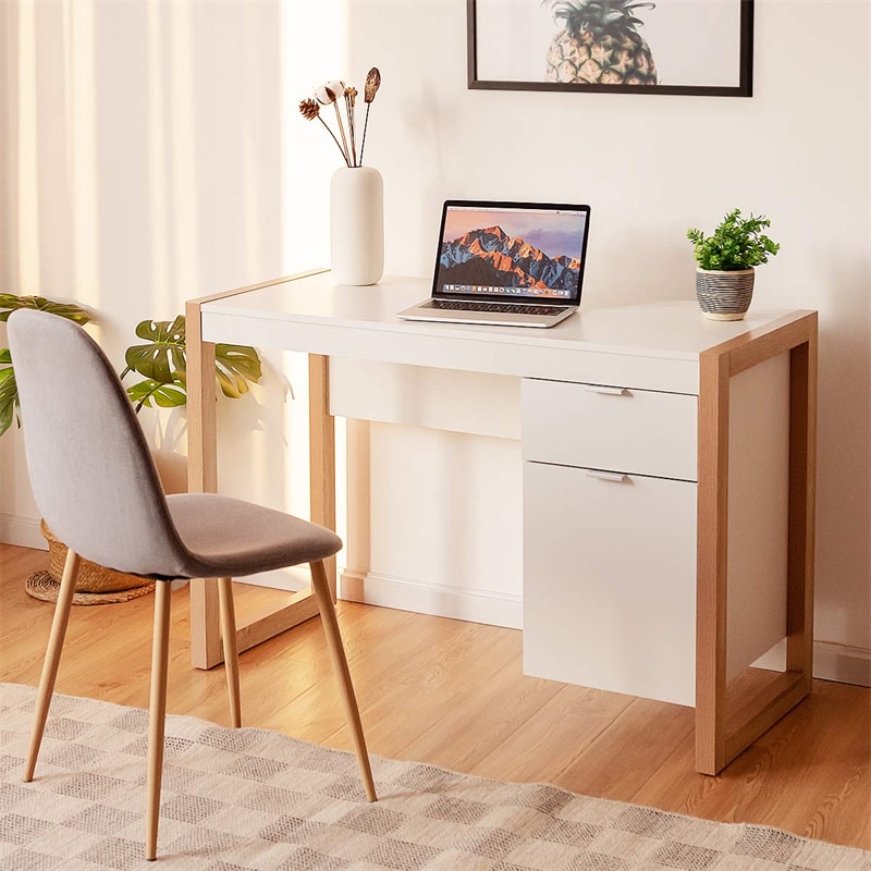 Wooden Home Office Desk White Computer Desk Study Writing Table with Drawer & Cabinet