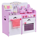 Pink Kids Kitchen Playset Wooden Pretend Play Kitchen Toddler Little Chef Toy Kitchen Set with 13pcs Cokware & Storage Cabinet