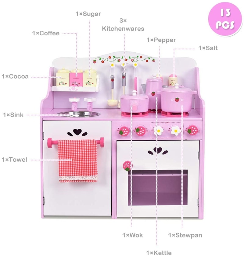 Pink Kids Kitchen Playset Wooden Pretend Play Kitchen Toddler Little Chef Toy Kitchen Set with 13pcs Cokware & Storage Cabinet