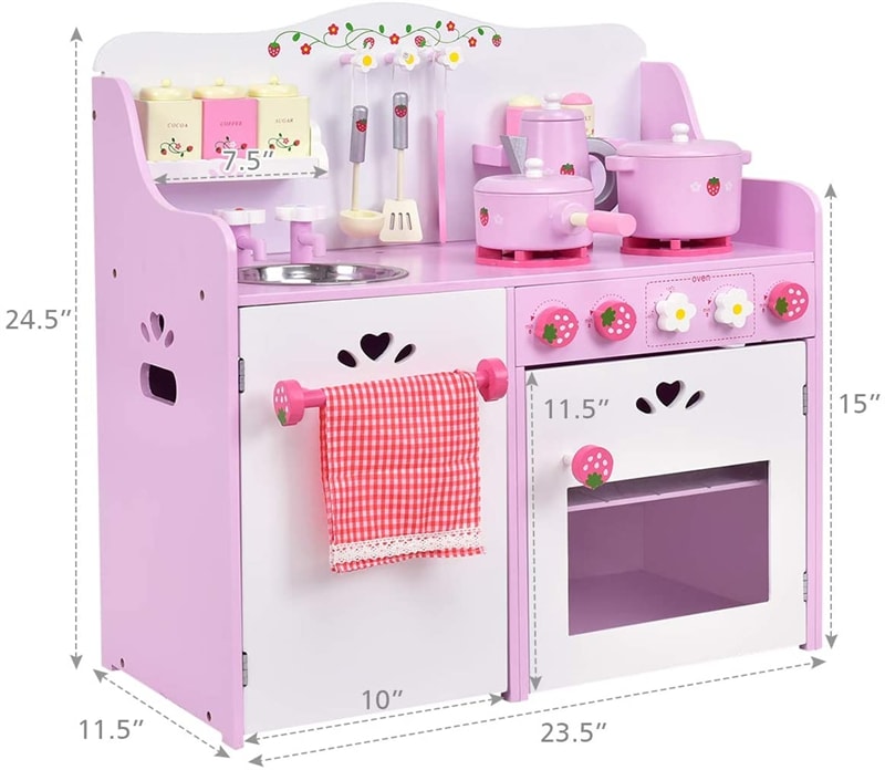 Pink Kids Kitchen Playset Wooden Pretend Play Kitchen Toddler Little Chef Toy Kitchen Set with 13pcs Cokware & Storage Cabinet