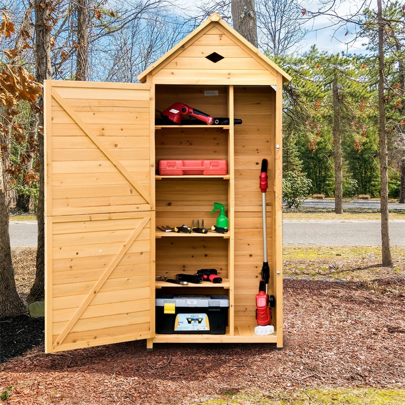 63" Wood Outdoor Storage Shed Lockable Garden Tool Storage Cabinet with 5 Shelves & Galvanized Sheet Roof