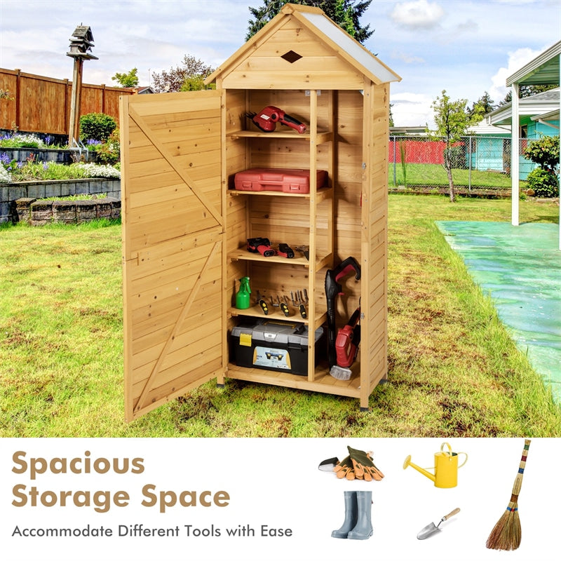 63" Wood Outdoor Storage Shed Lockable Garden Tool Storage Cabinet with 5 Shelves & Galvanized Sheet Roof