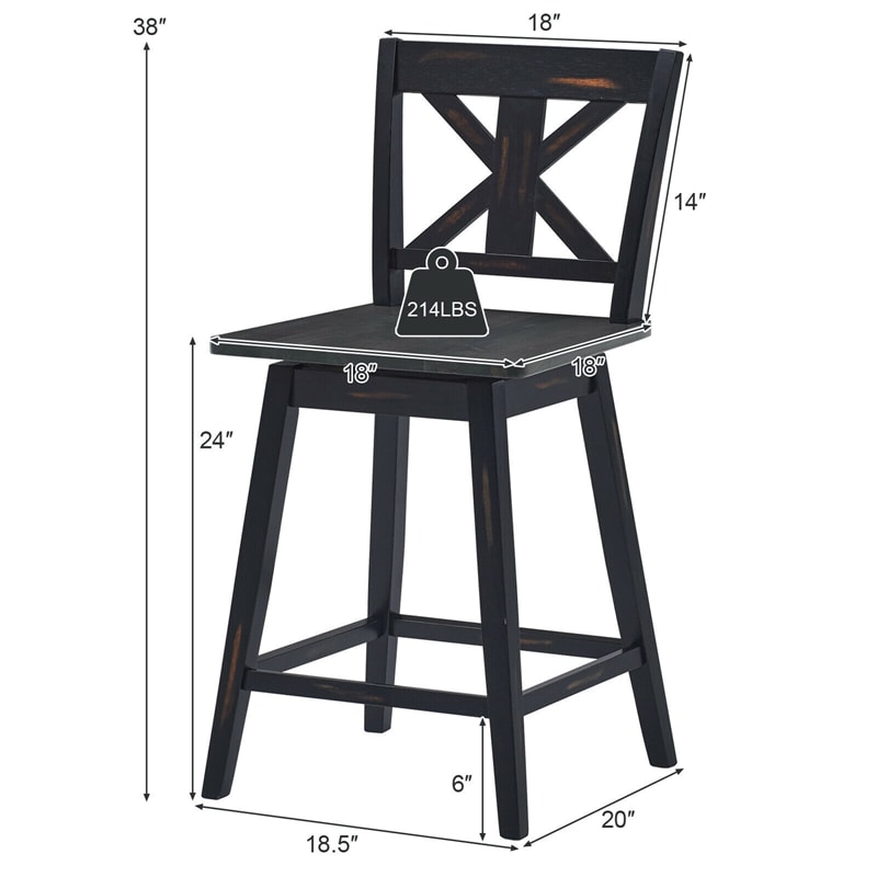 24" Wooden Bar Stools Set of 2 Swivel Counter Height Chairs with Non-Slip Foot Pads