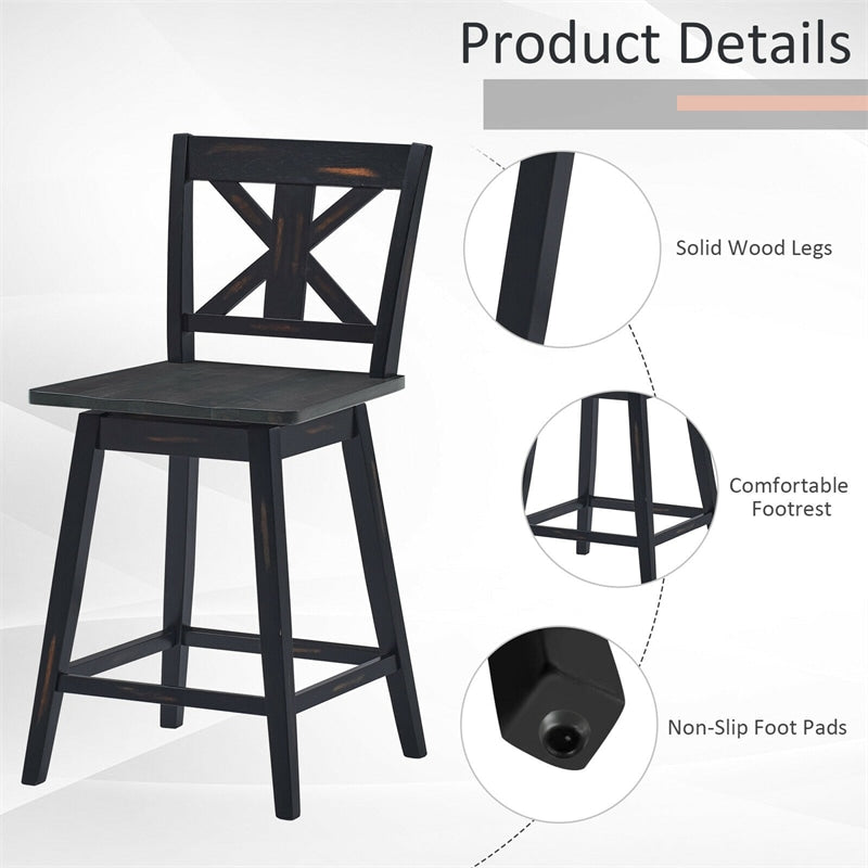 24" Wooden Bar Stools Set of 2 Swivel Counter Height Chairs with Non-Slip Foot Pads