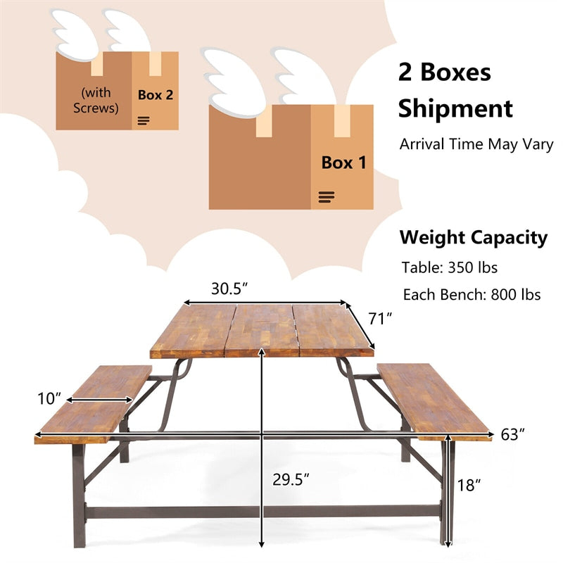 6FT Acacia Wood Picnic Table Bench Set for 6 Person, Large Outdoor Camping Table Patio Dining Table with Umbrella Hole & Built-in Benches