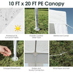 10' x 20' Heavy Duty Party Tent Outdoor Wedding Tent Waterproof PE Canopy Pavilion Tent with Wind Rope, White Commercial Event Tent for Camping