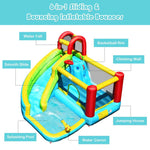 6 In 1 Inflatable Water Slide Kids Bounce House with Climbing Wall & Basketball Hoop