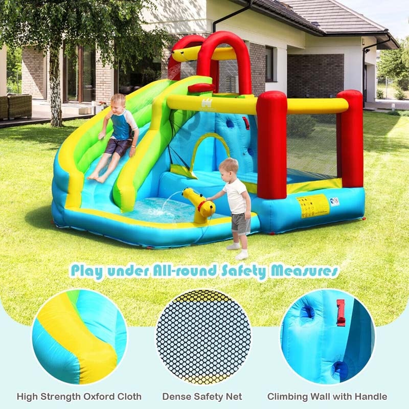 6 In 1 Inflatable Water Slide Kids Bounce House with Climbing Wall & Basketball Hoop