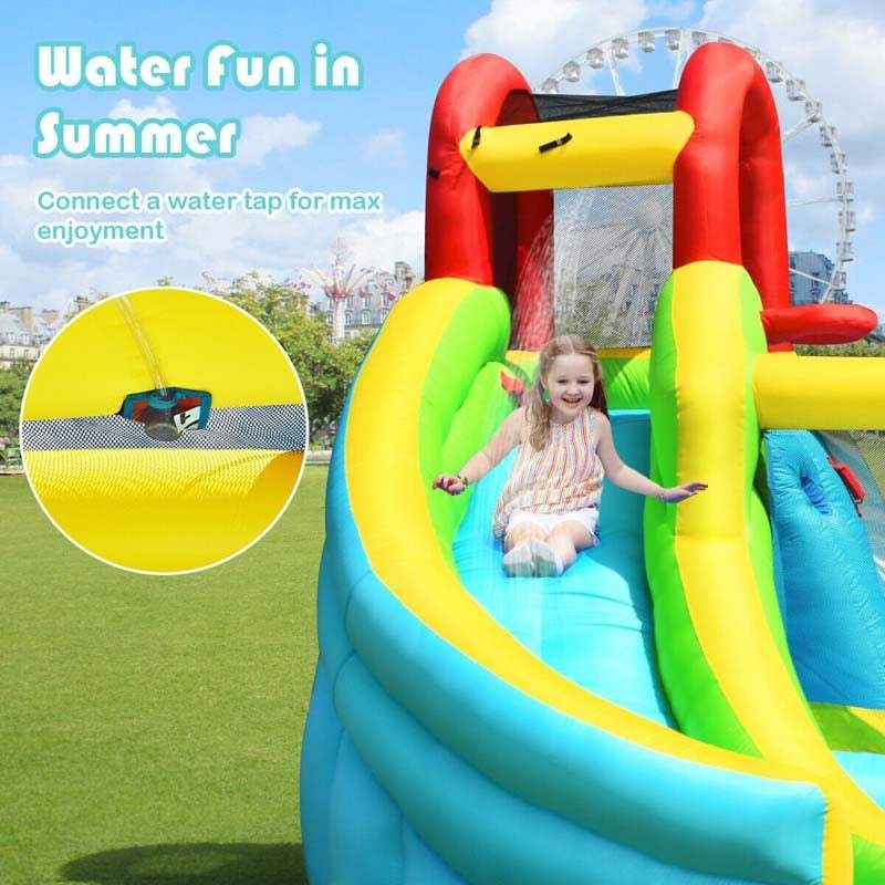 6 In 1 Inflatable Water Slide Kids Bounce House with Climbing Wall & Basketball Hoop