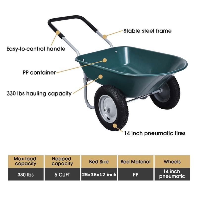 Dual Wheel Wheelbarrow Heavy Duty Home Utility Garden Cart 330 LBS Capacity Large Yard Cart for Gardening Farm