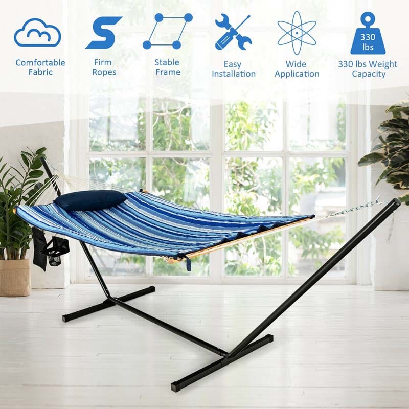 12FT Hammock Chair with Stand Set, Cotton Hammock Swing Bed for Outdoor Indoor with Pillow, Cup Holder & Storage Bag, 450lbs Load Capacity