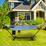 12FT Hammock Chair with Stand Set, Cotton Hammock Swing Bed for Outdoor Indoor with Pillow, Cup Holder & Storage Bag, 450lbs Load Capacity