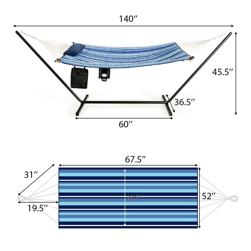 12FT Hammock Chair with Stand Set, Cotton Hammock Swing Bed for Outdoor Indoor with Pillow, Cup Holder & Storage Bag, 450lbs Load Capacity