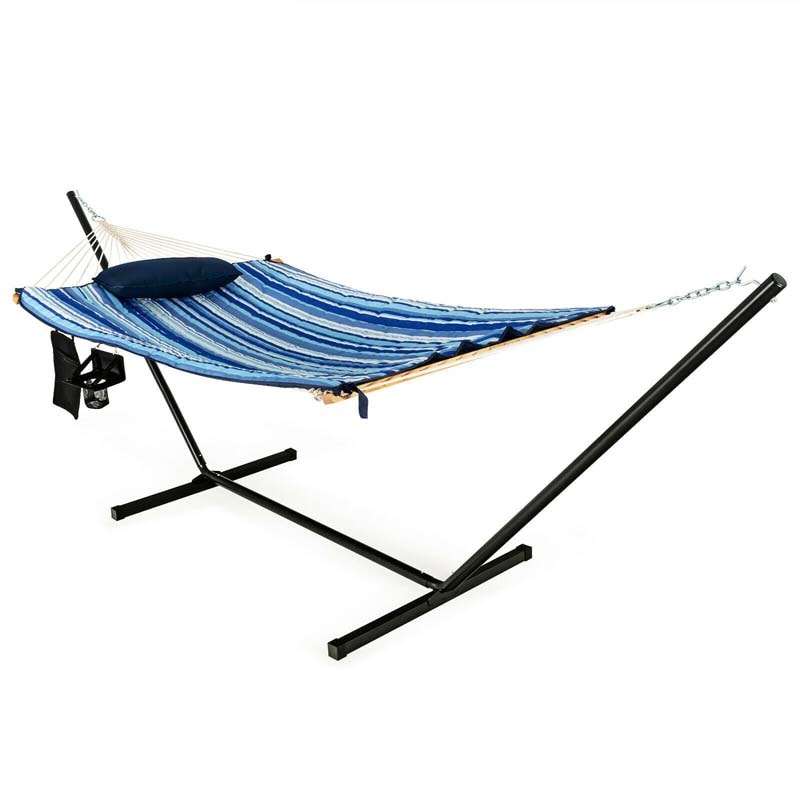 12FT Hammock Chair with Stand Set, Cotton Hammock Swing Bed for Outdoor Indoor with Pillow, Cup Holder & Storage Bag, 450lbs Load Capacity