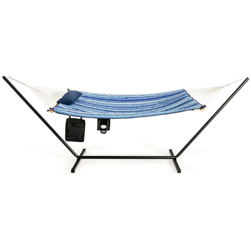 12FT Hammock Chair with Stand Set, Cotton Hammock Swing Bed for Outdoor Indoor with Pillow, Cup Holder & Storage Bag, 450lbs Load Capacity