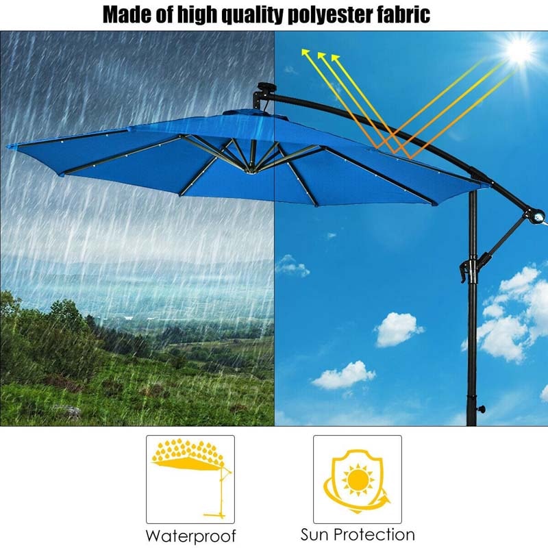 10' Solar LED Offset Patio Umbrella Hanging Market Umbrella Sun Shade with Heavy-Duty Cross Base