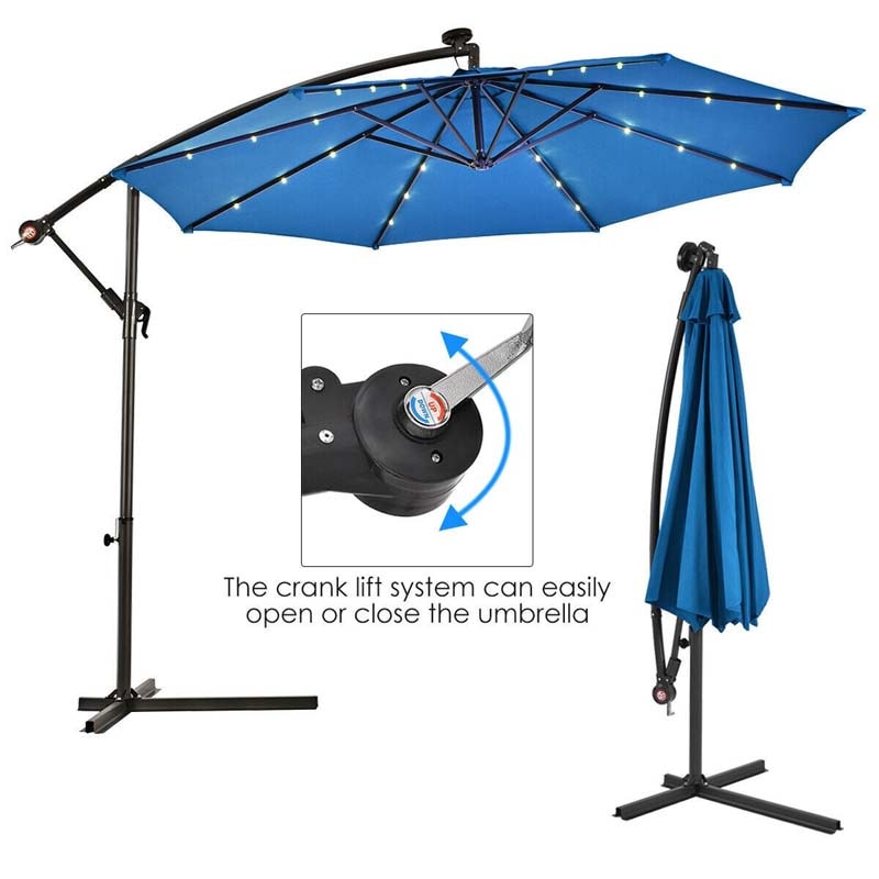 10' Solar LED Offset Patio Umbrella Hanging Market Umbrella Sun Shade with Heavy-Duty Cross Base