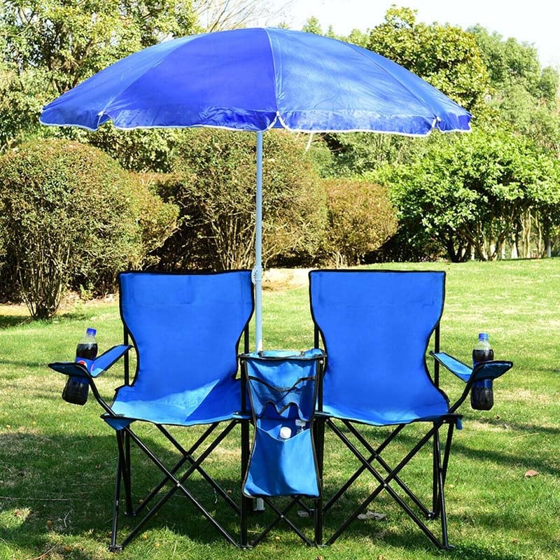 Portable Double Folding Picnic Chair with Umbrella & Mini Table