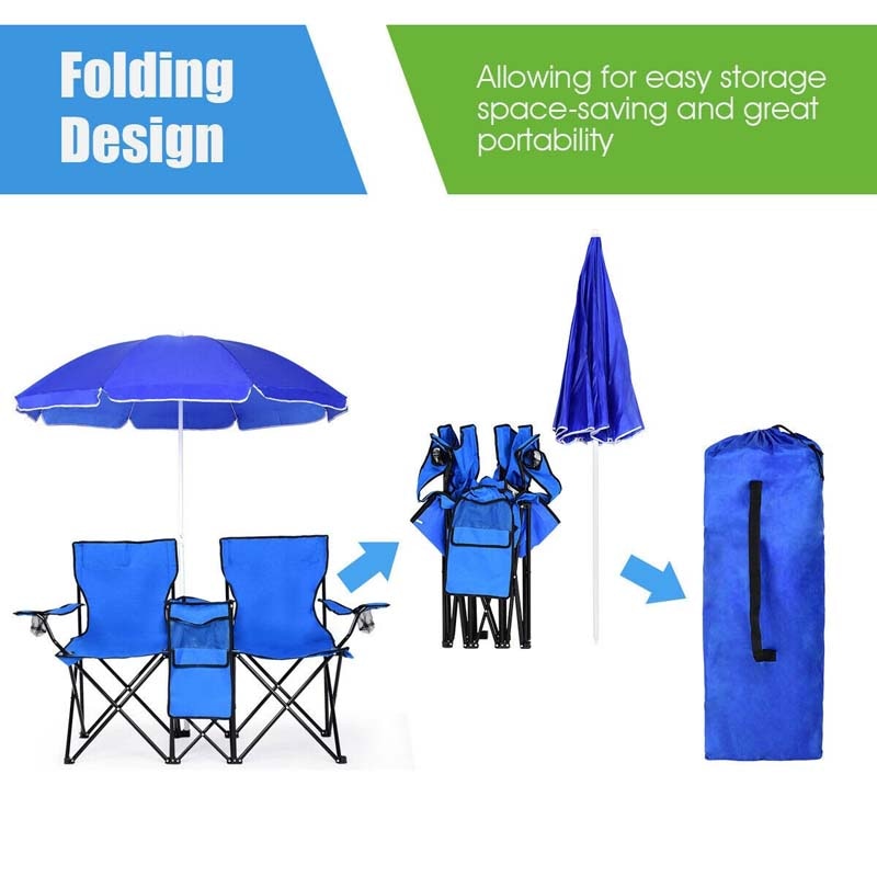 Portable Double Folding Picnic Chair with Umbrella & Mini Table