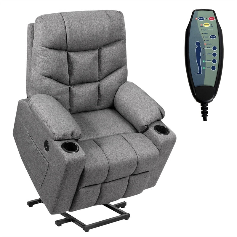 Power Lift Recliner Chair Elderly Lift Chair Fabric Electric Massage Reclining Sofa with 8 Point Massage Lumbar Heat USB Charge Port