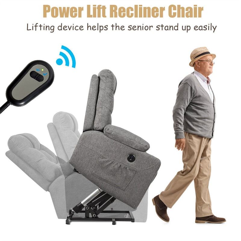 Power Lift Recliner Chair Elderly Lift Chair Fabric Electric Massage Reclining Sofa with 8 Point Massage Lumbar Heat USB Charge Port