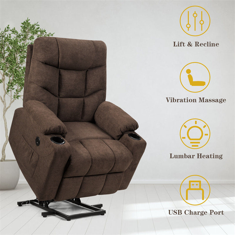 Power Lift Recliner Chair Elderly Lift Chair Fabric Electric Massage Reclining Sofa with 8 Point Massage Lumbar Heat USB Charge Port