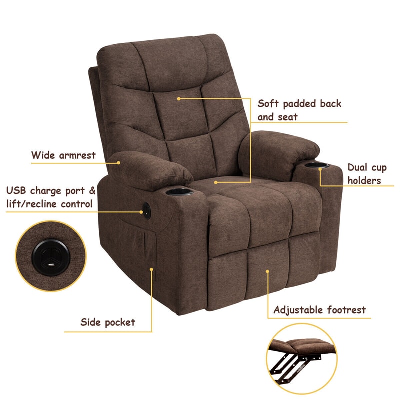 Power Lift Recliner Chair Elderly Lift Chair Fabric Electric Massage Reclining Sofa with 8 Point Massage Lumbar Heat USB Charge Port