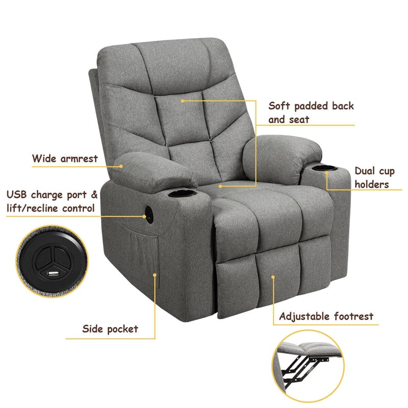 Power Lift Recliner Chair Elderly Lift Chair Fabric Electric Massage Reclining Sofa with 8 Point Massage Lumbar Heat USB Charge Port