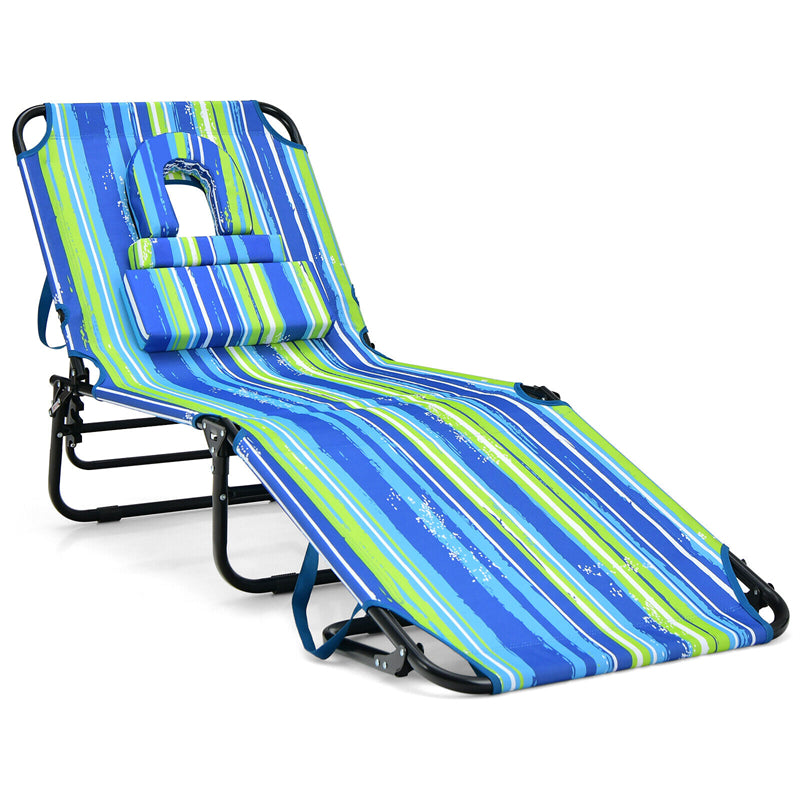 Folding Beach Chaise Lounge Chair 5-Position Adjustable Sunbathing Recliner with Face Hole & Detachable Pillows