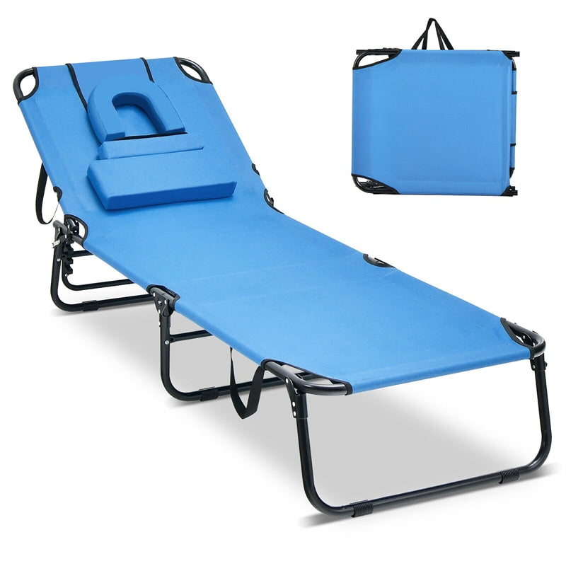 Folding Beach Chaise Lounge Chair 5-Position Adjustable Sunbathing Recliner with Face Hole & Detachable Pillows