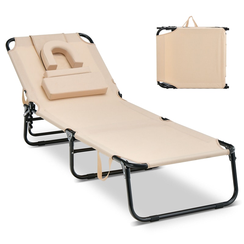 Folding Beach Chaise Lounge Chair 5-Position Adjustable Sunbathing Recliner with Face Hole & Detachable Pillows