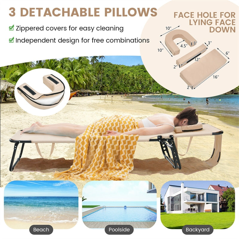 Folding Beach Chaise Lounge Chair 5-Position Adjustable Sunbathing Recliner with Face Hole & Detachable Pillows