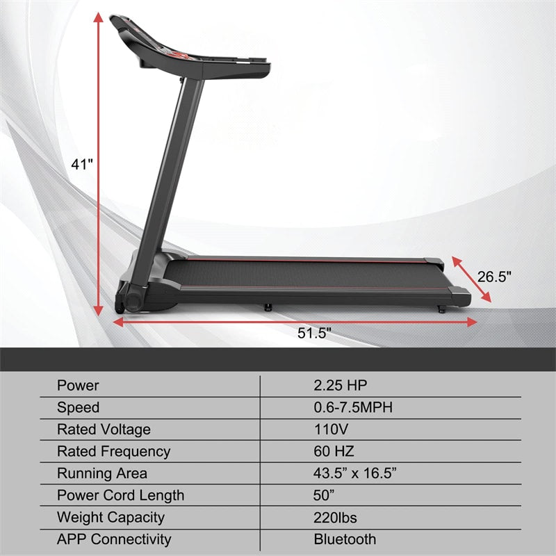 Folding Treadmill SuperFit 2.25HP Electric Treadmill Compact Walking Running Machine with APP Control & Bluetooth Speaker