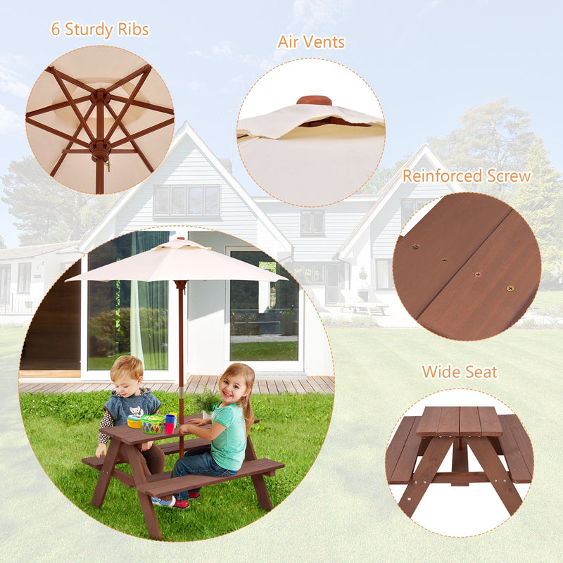 Kids Outdoor Picnic Table Toddler Wood Patio Table & Bench Set with Removable Folding Umbrella for Backyard Garden Lawn