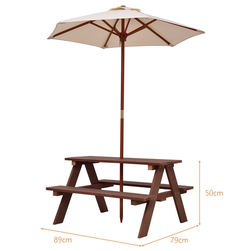 Kids Outdoor Picnic Table Toddler Wood Patio Table & Bench Set with Removable Folding Umbrella for Backyard Garden Lawn