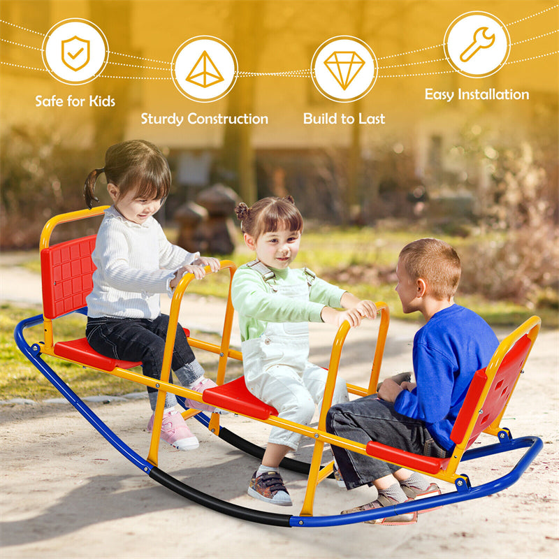 Kids Rocking Seesaw 3-Person Teeter Totter Heavy-Duty Metal Playground Equipment with Handlebars & Backrest Seat for Toddlers Boys Girls Ages 3-8