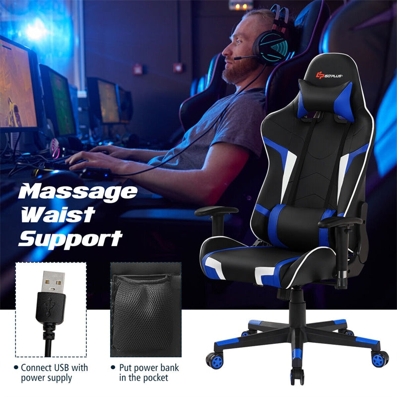 Adjustable Massage Gaming Chair High Back PU Leather Racing Gaming Chair Office Computer Reclining Chair with Lumbar Support