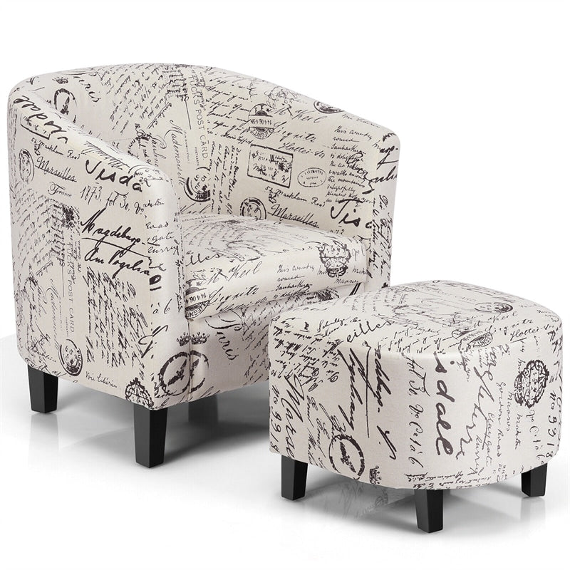 Modern Accent Chair Letter Print French Upholstered Barrel Chair with Ottoman & Solid Wood Legs for Living Room