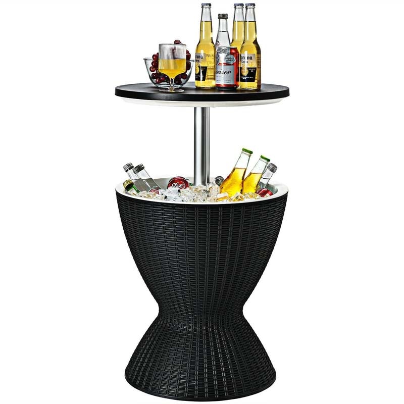 3 in 1 Outdoor Cool Bar Table Rattan Style Patio Cooler Table 8 Gallon Beer Wine Cooler All-Weather Ice Bucket with Retratable Tabletop, Drain Plug