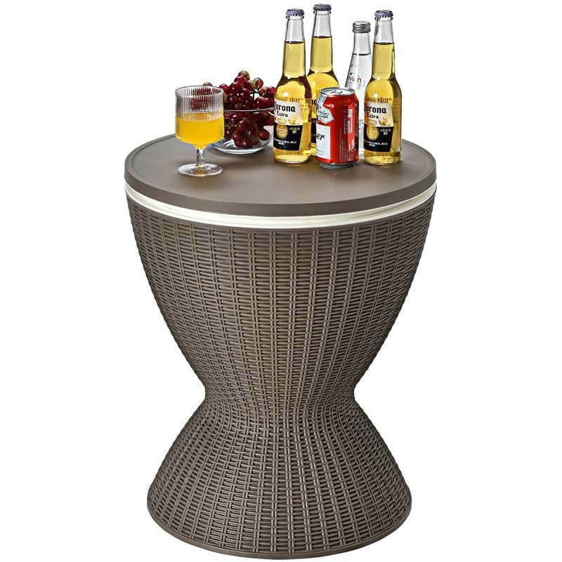 3 in 1 Outdoor Cool Bar Table Rattan Style Patio Cooler Table 8 Gallon Beer Wine Cooler All-Weather Ice Bucket with Retratable Tabletop, Drain Plug