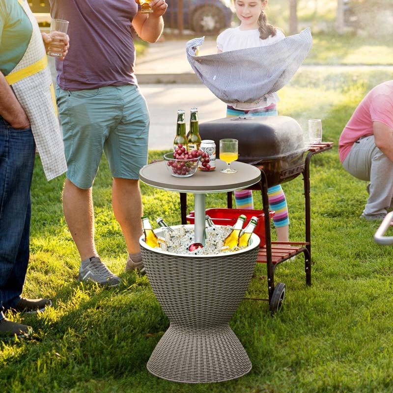 3 in 1 Outdoor Cool Bar Table Rattan Style Patio Cooler Table 8 Gallon Beer Wine Cooler All-Weather Ice Bucket with Retratable Tabletop, Drain Plug