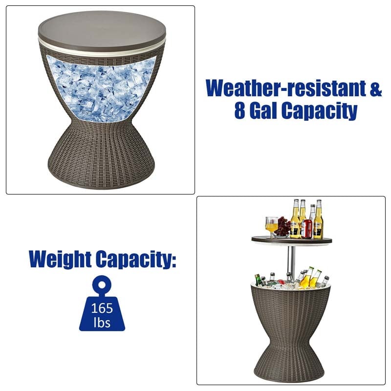 3 in 1 Outdoor Cool Bar Table Rattan Style Patio Cooler Table 8 Gallon Beer Wine Cooler All-Weather Ice Bucket with Retratable Tabletop, Drain Plug