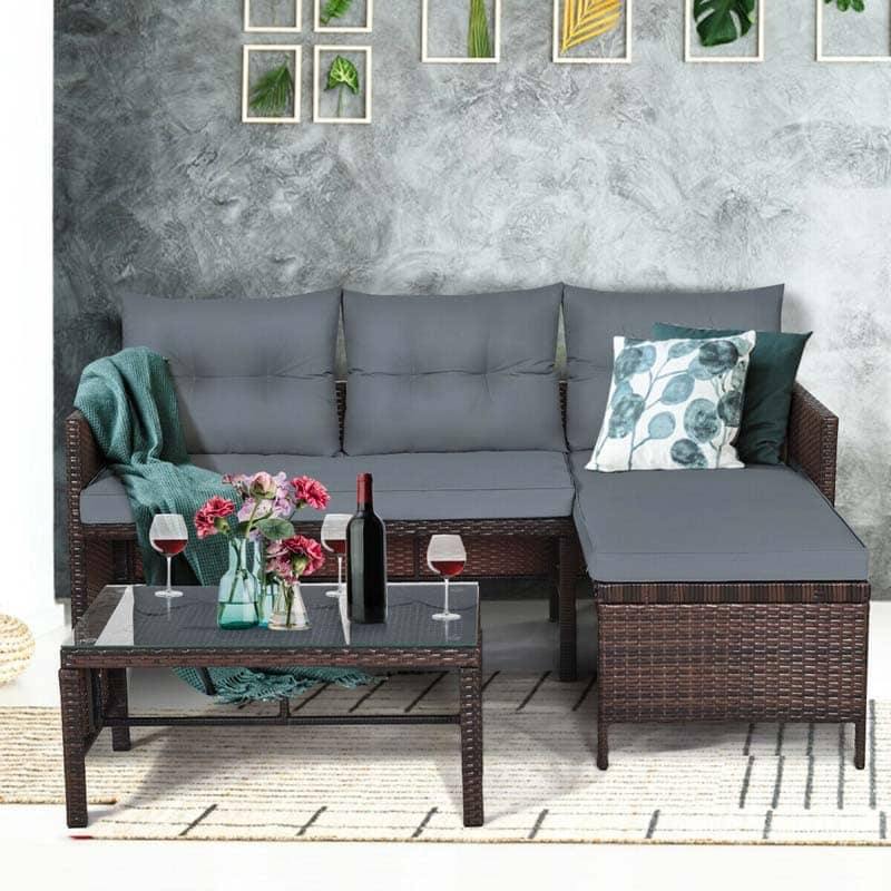 3 Pcs Outdoor PE Rattan Furniture Set Corner Sofa Set - Bestoutdor