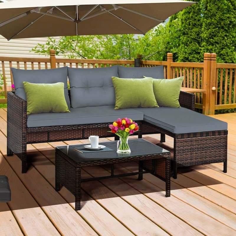 3 Pcs Outdoor PE Rattan Furniture Set Corner Sofa Set - Bestoutdor